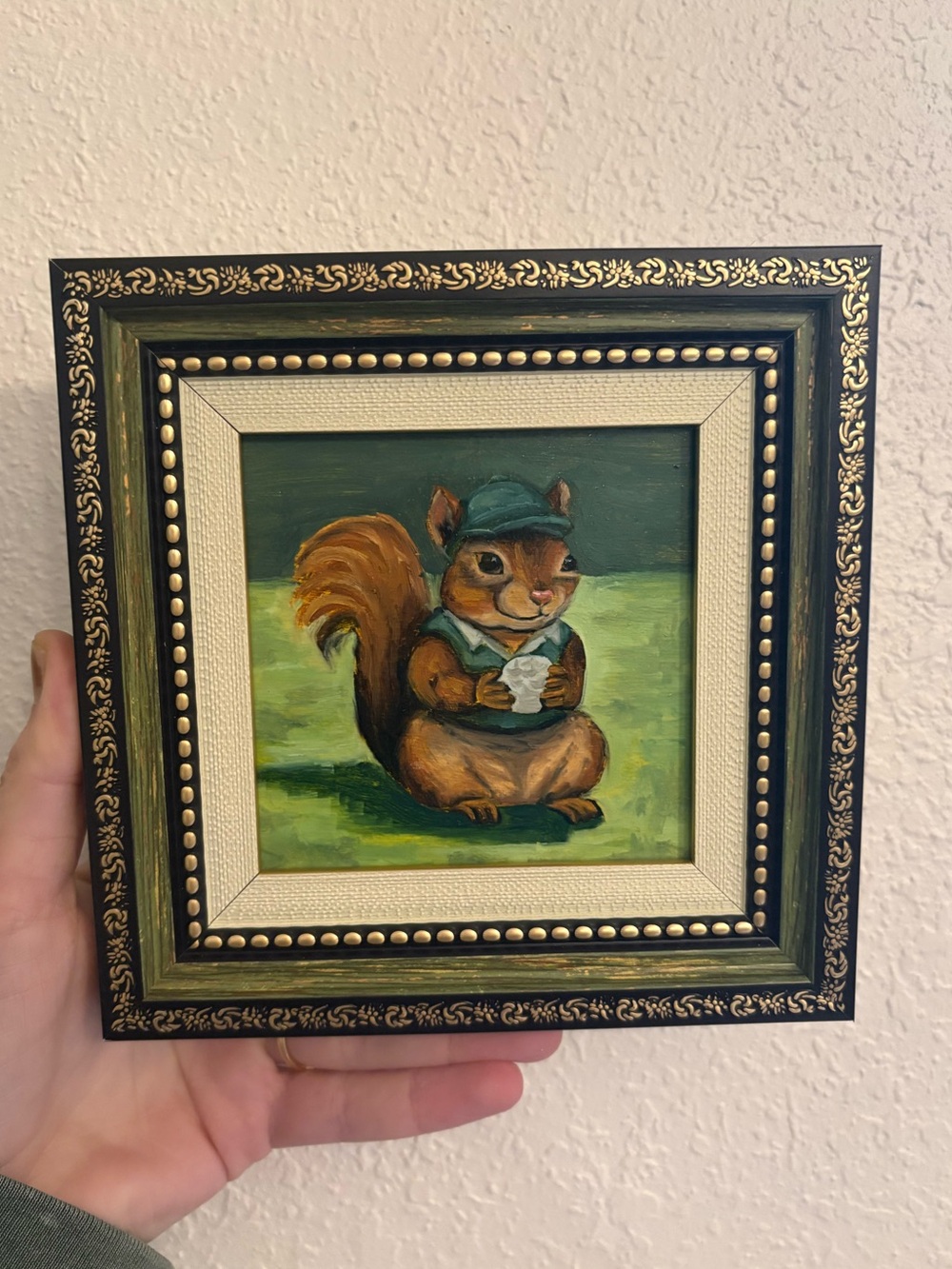 "Squirrel on the Greens” Original oil painting on wood board mini framed 4x4"